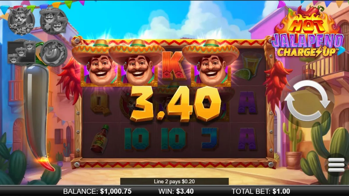 Interface vibrante e colorida do slot Hot Jalapeño Charge Up com temática mexicana