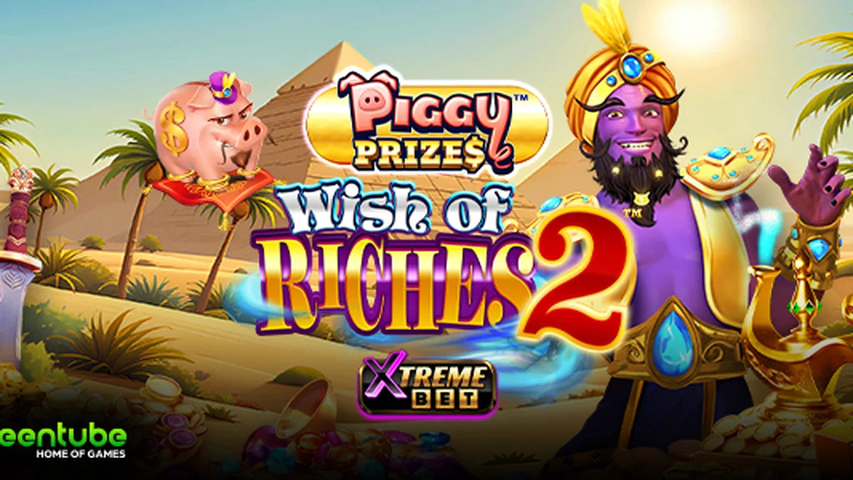 Interface do jogo Piggy Prizes Wish of Riches 2 com elementos visuais de moedas e gênio